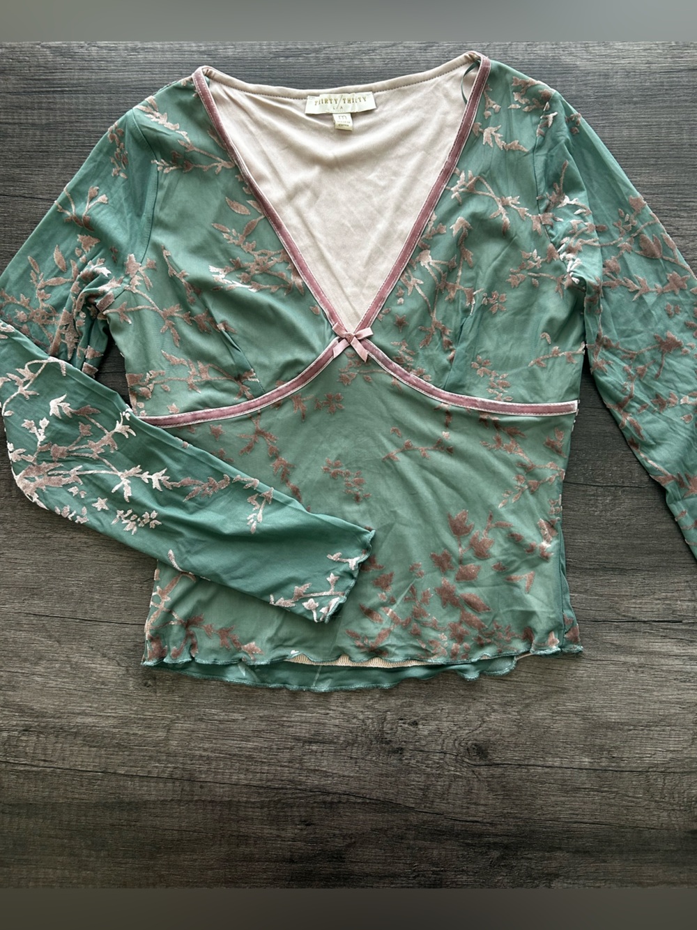 Pretty Green Sage Green Sheer Floral V-Neck Chemise with Blush Trim